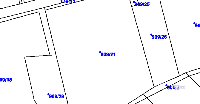 Parcela st. 909/21 v KÚ Libochovice, Katastrální mapa