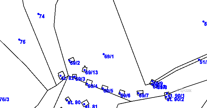 Parcela st. 69/1 v KÚ Křižanovice, Katastrální mapa