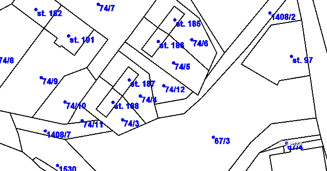 Parcela st. 74/12 v KÚ Libořice, Katastrální mapa