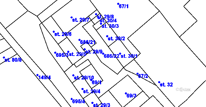 Parcela st. 686/22 v KÚ Železná u Libořic, Katastrální mapa