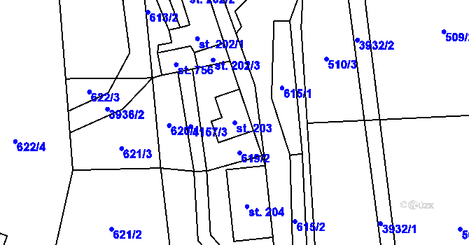 Parcela st. 203 v KÚ Libouchec, Katastrální mapa