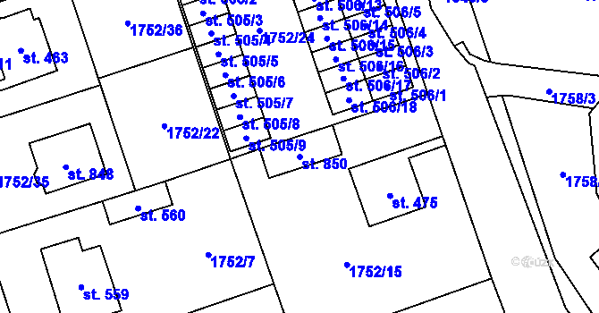 Parcela st. 850 v KÚ Libouchec, Katastrální mapa