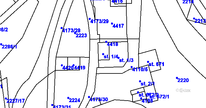 Parcela st. 1/4 v KÚ Lidečko, Katastrální mapa