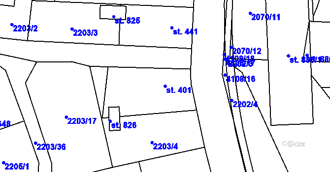 Parcela st. 401 v KÚ Lidečko, Katastrální mapa