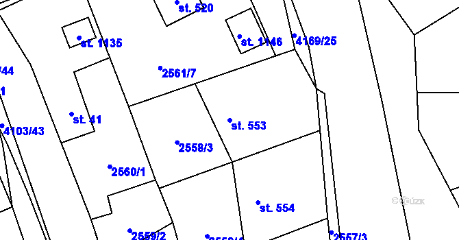 Parcela st. 553 v KÚ Lidečko, Katastrální mapa