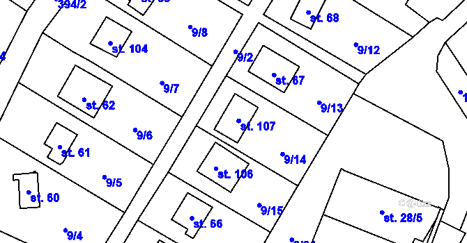 Parcela st. 107 v KÚ Okoř, Katastrální mapa
