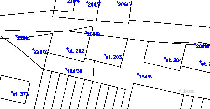 Parcela st. 203 v KÚ Linhartice, Katastrální mapa
