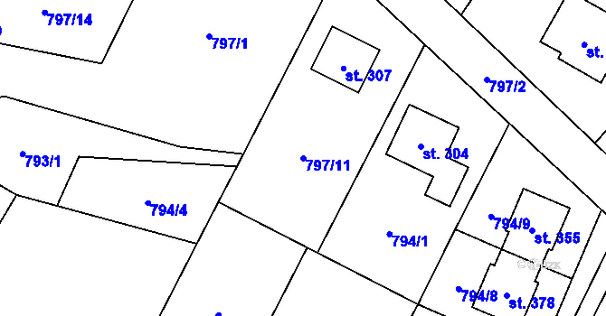 Parcela st. 797/11 v KÚ Linhartice, Katastrální mapa