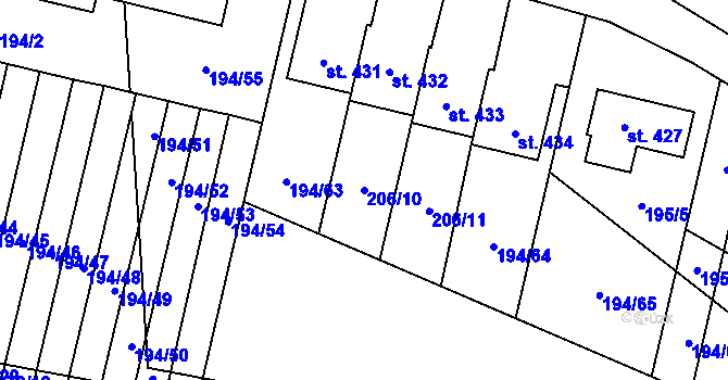 Parcela st. 206/10 v KÚ Linhartice, Katastrální mapa