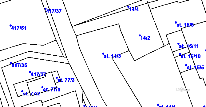 Parcela st. 14/3 v KÚ Kvítkovice u Lipí, Katastrální mapa
