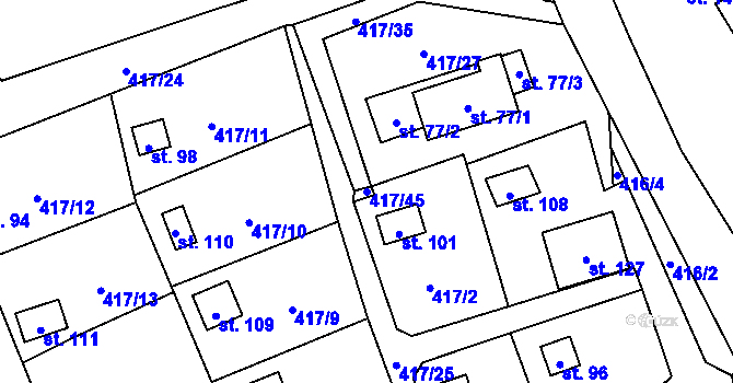 Parcela st. 417/45 v KÚ Kvítkovice u Lipí, Katastrální mapa