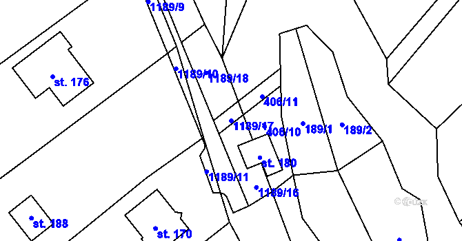 Parcela st. 1189/17 v KÚ Křekov, Katastrální mapa