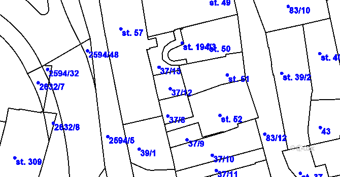 Parcela st. 37/12 v KÚ Lipník nad Bečvou, Katastrální mapa