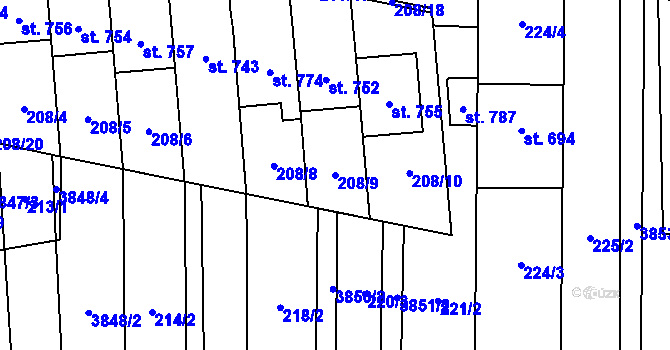 Parcela st. 208/9 v KÚ Lipov, Katastrální mapa