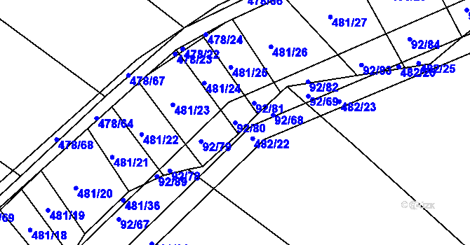 Parcela st. 92/80 v KÚ Křtomil, Katastrální mapa