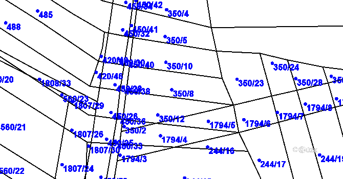 Parcela st. 350/8 v KÚ Lískovec, Katastrální mapa