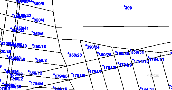 Parcela st. 350/24 v KÚ Lískovec, Katastrální mapa