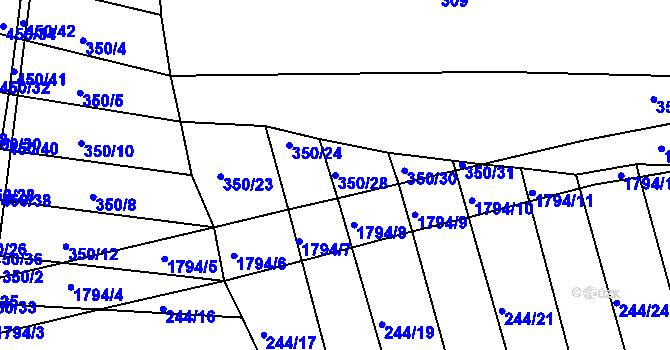 Parcela st. 350/28 v KÚ Lískovec, Katastrální mapa