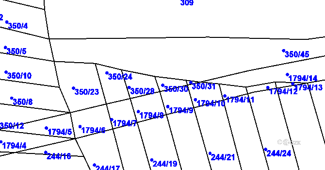 Parcela st. 350/30 v KÚ Lískovec, Katastrální mapa