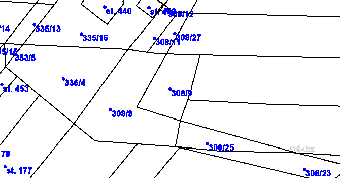 Parcela st. 308/9 v KÚ Lišany u Rakovníka, Katastrální mapa