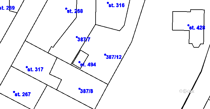 Parcela st. 387/12 v KÚ Lišany u Rakovníka, Katastrální mapa