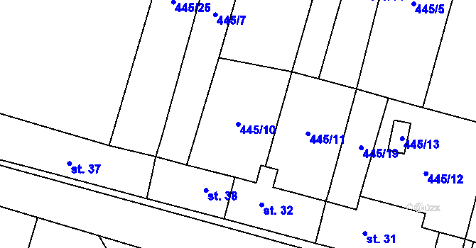 Parcela st. 445/10 v KÚ Levonice, Katastrální mapa
