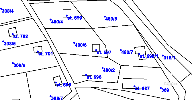 Parcela st. 697 v KÚ Líšný, Katastrální mapa