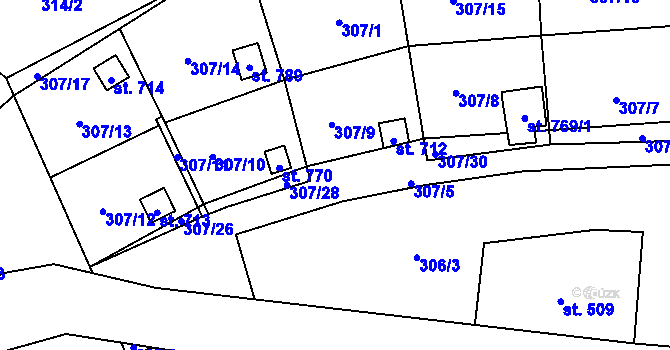 Parcela st. 307/5 v KÚ Líšný, Katastrální mapa