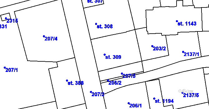 Parcela st. 309 v KÚ Lišov, Katastrální mapa