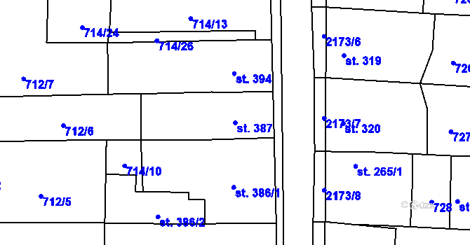 Parcela st. 387 v KÚ Lišov, Katastrální mapa