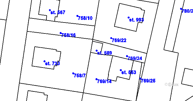 Parcela st. 589 v KÚ Lišov, Katastrální mapa
