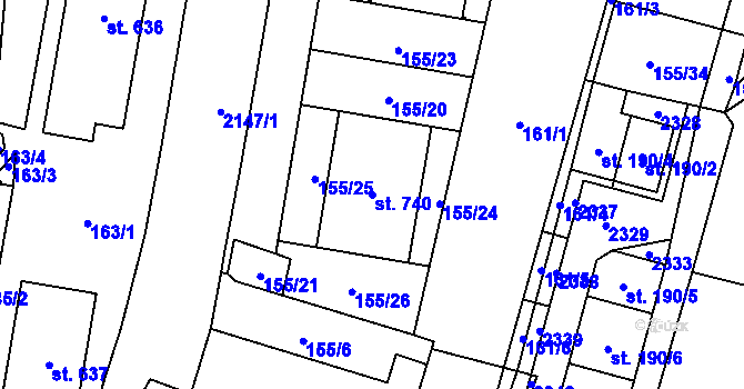 Parcela st. 740 v KÚ Lišov, Katastrální mapa
