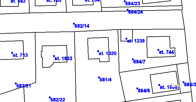 Parcela st. 1020 v KÚ Lišov, Katastrální mapa