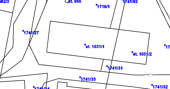 Parcela st. 1031/1 v KÚ Lišov, Katastrální mapa