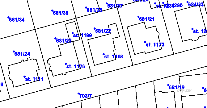 Parcela st. 1118 v KÚ Lišov, Katastrální mapa