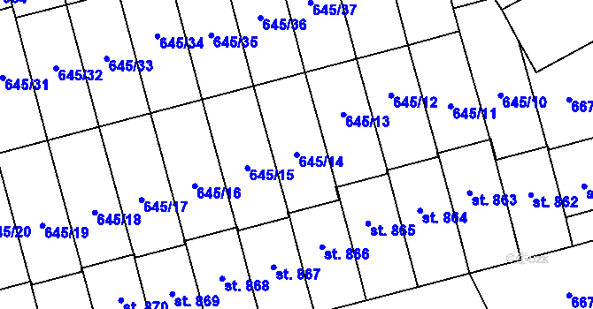 Parcela st. 645/14 v KÚ Lišov, Katastrální mapa