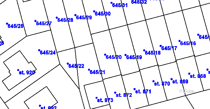 Parcela st. 645/20 v KÚ Lišov, Katastrální mapa