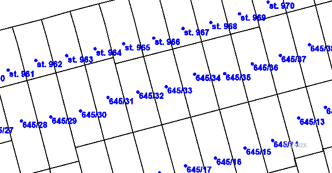 Parcela st. 645/33 v KÚ Lišov, Katastrální mapa