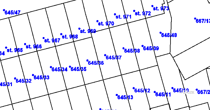 Parcela st. 645/37 v KÚ Lišov, Katastrální mapa