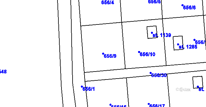 Parcela st. 656/9 v KÚ Lišov, Katastrální mapa