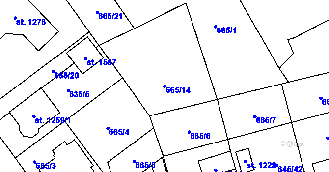 Parcela st. 665/14 v KÚ Lišov, Katastrální mapa