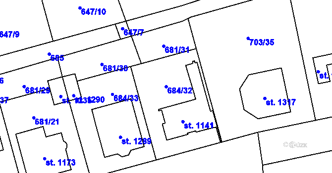 Parcela st. 684/32 v KÚ Lišov, Katastrální mapa