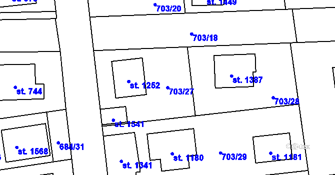 Parcela st. 703/27 v KÚ Lišov, Katastrální mapa