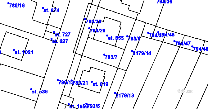 Parcela st. 793/7 v KÚ Lišov, Katastrální mapa