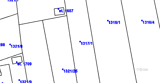 Parcela st. 1317/1 v KÚ Lišov, Katastrální mapa