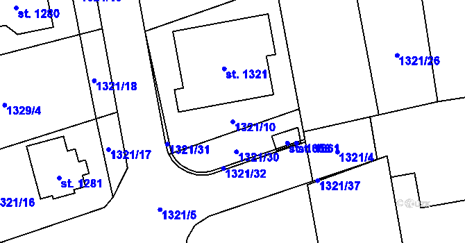 Parcela st. 1321/10 v KÚ Lišov, Katastrální mapa