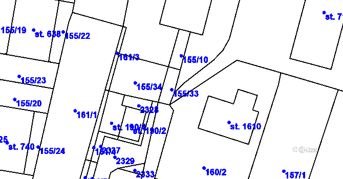 Parcela st. 155/33 v KÚ Lišov, Katastrální mapa