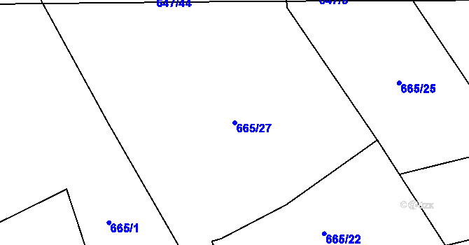 Parcela st. 665/27 v KÚ Lišov, Katastrální mapa