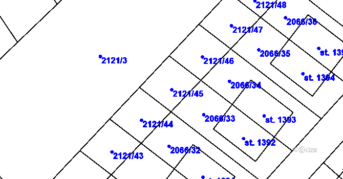 Parcela st. 2121/45 v KÚ Lišov, Katastrální mapa