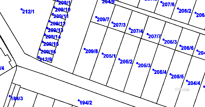 Parcela st. 205/1 v KÚ Pokratice, Katastrální mapa